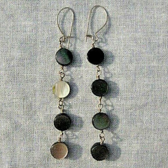 Jewelry - Black Shell and Sterling Wire Wrapped Earrings